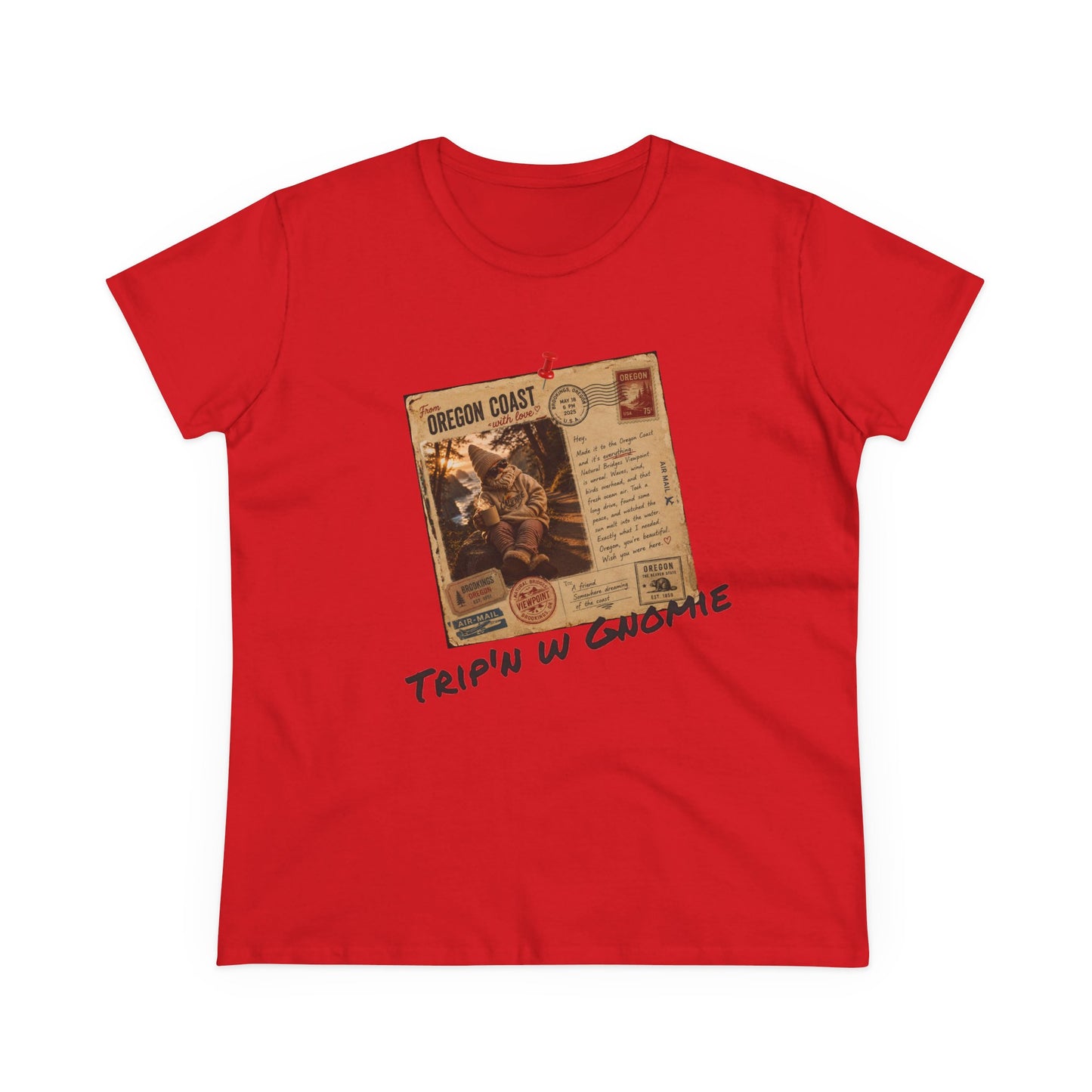 Tripin' W Gnomie Graphic Tee — Retro Gnome Travel Poster Women’s T‑Shirt