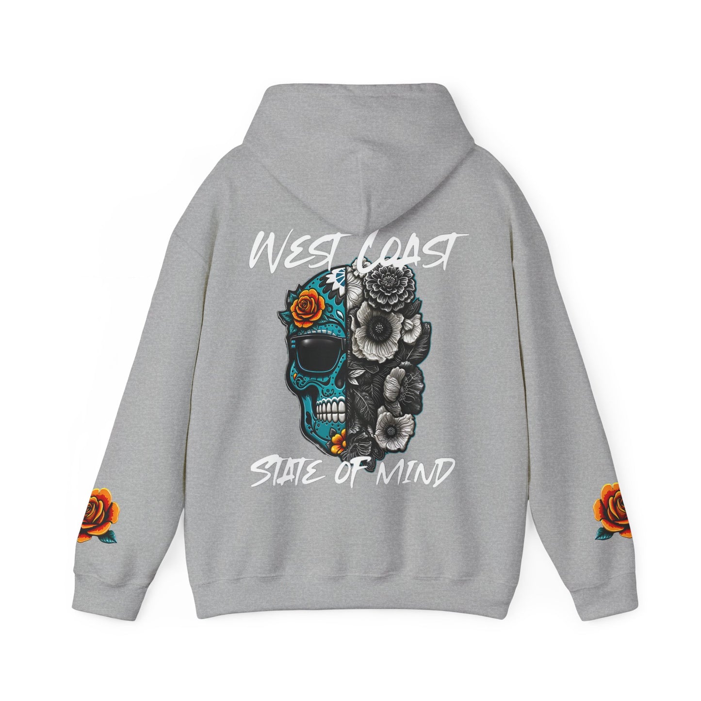 'West Coast State of Mind' Floral half Skull, turquoise, Graphic Hoodie - CaliPride Clothing