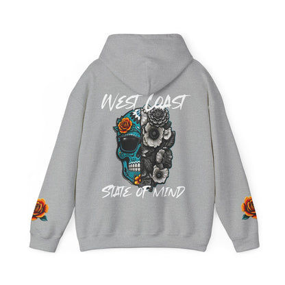 'West Coast State of Mind' Floral half Skull, turquoise, Graphic Hoodie - CaliPride Clothing