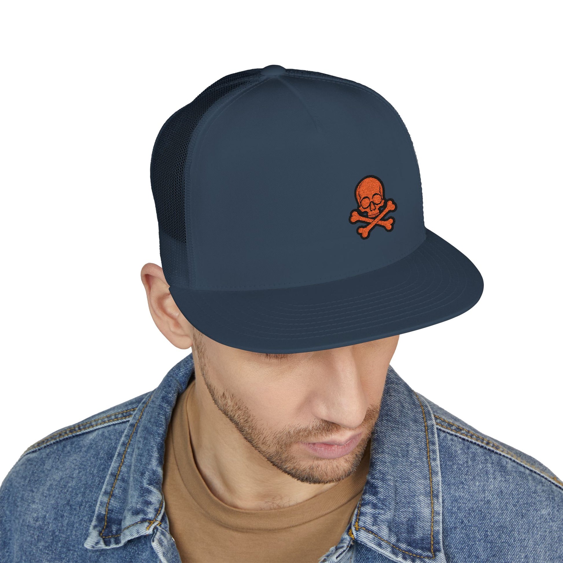 Urban Underground Collection - Red Skull & Crossbones, Flat bill Trucker snapback, five panel, embroidered - CaliPride Clothing