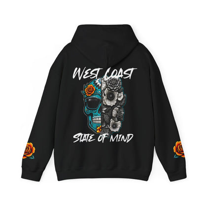 'West Coast State of Mind' Floral half Skull, turquoise, Graphic Hoodie - CaliPride Clothing