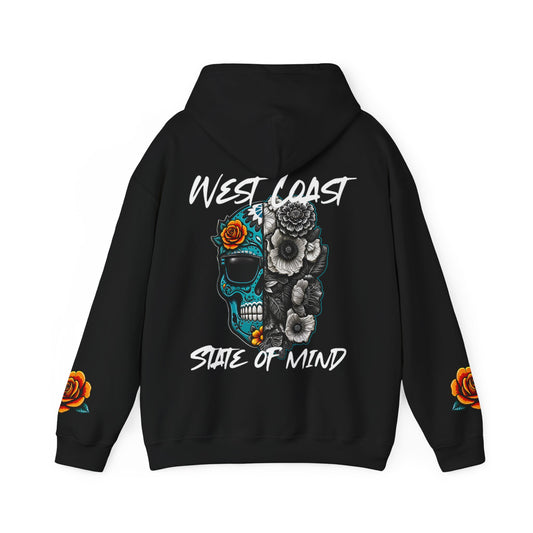 'West Coast State of Mind' Floral half Skull, turquoise, Graphic Hoodie - CaliPride Clothing