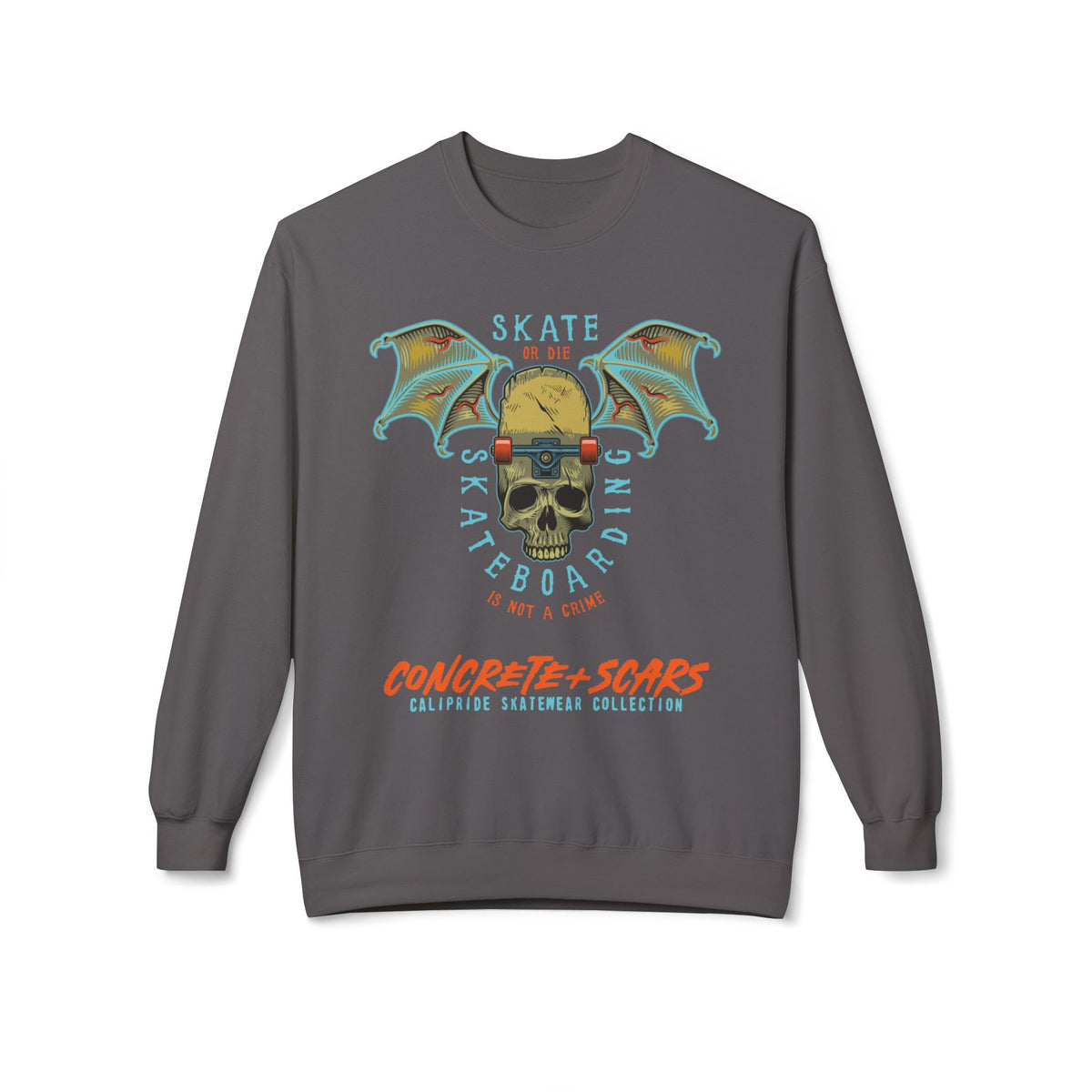 Concrete & Scars Collection - Skate or Die Winged Skull, Graphic Sweatshirt — CaliPride Clothing