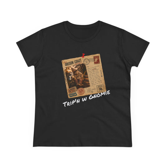 Tripin' W Gnomie Graphic Tee — Retro Gnome Travel Poster Women’s T‑Shirt