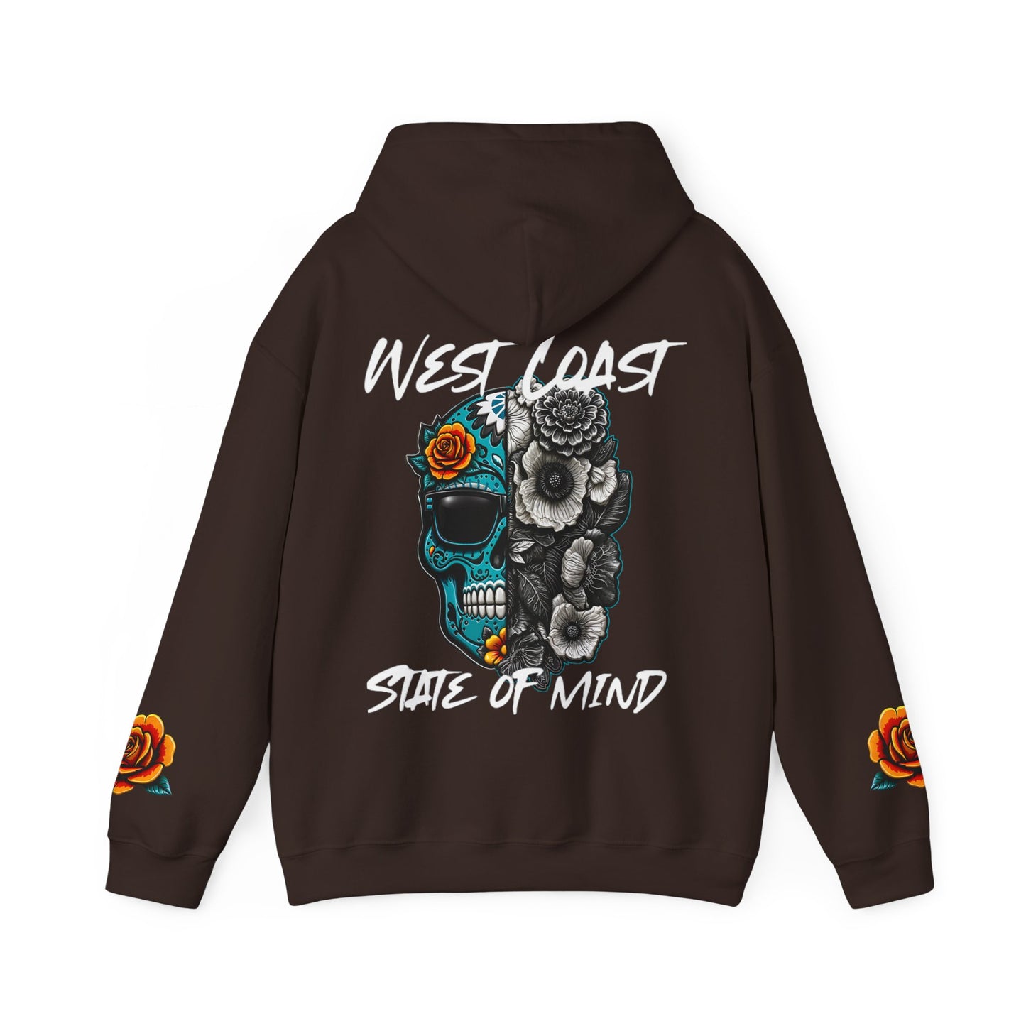 'West Coast State of Mind' Floral half Skull, turquoise, Graphic Hoodie - CaliPride Clothing