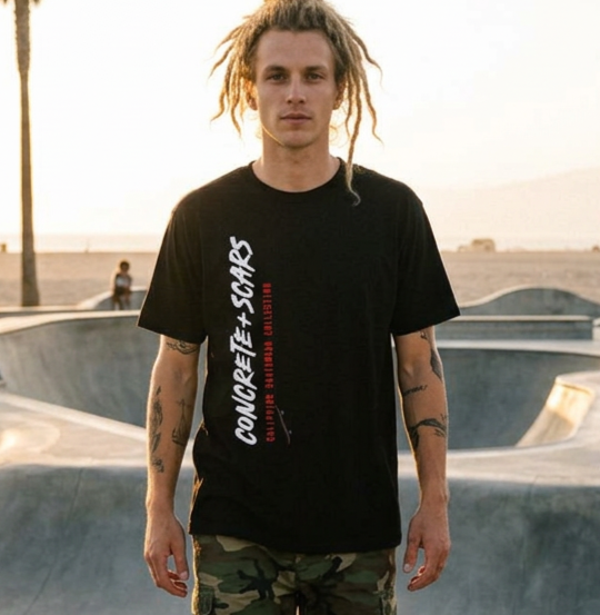 Concrete & Scars Skatewear Collection - Concrete Scars + Skateboard, Graphic T‑Shirt — CaliPride Clothing