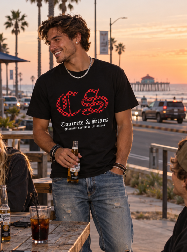 Concrete & Scars Collection - Checkered Old English, Graphic T-Shirt — CaliPride Clothing