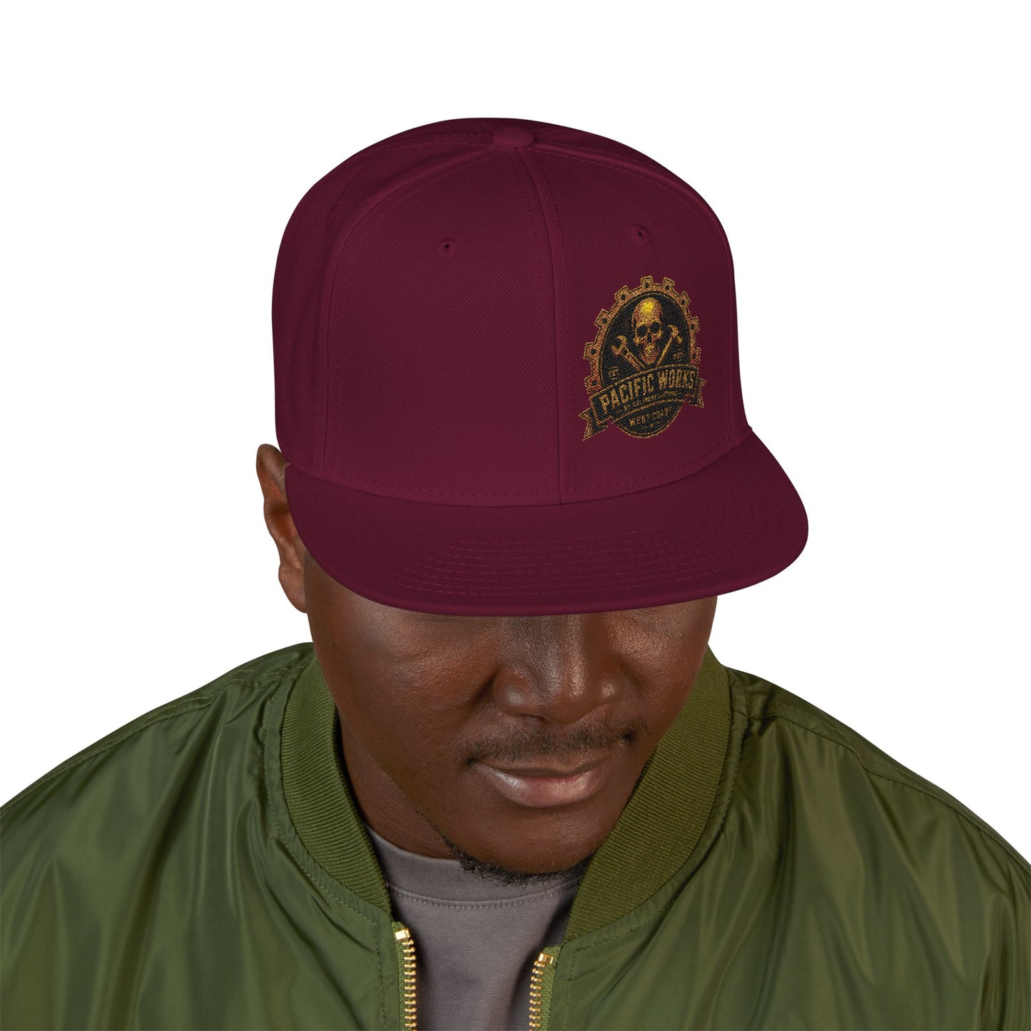 Pacific Works Collection - Signature Logo, Offset, Flat Bill Snapback Hat — CaliPride Clothing