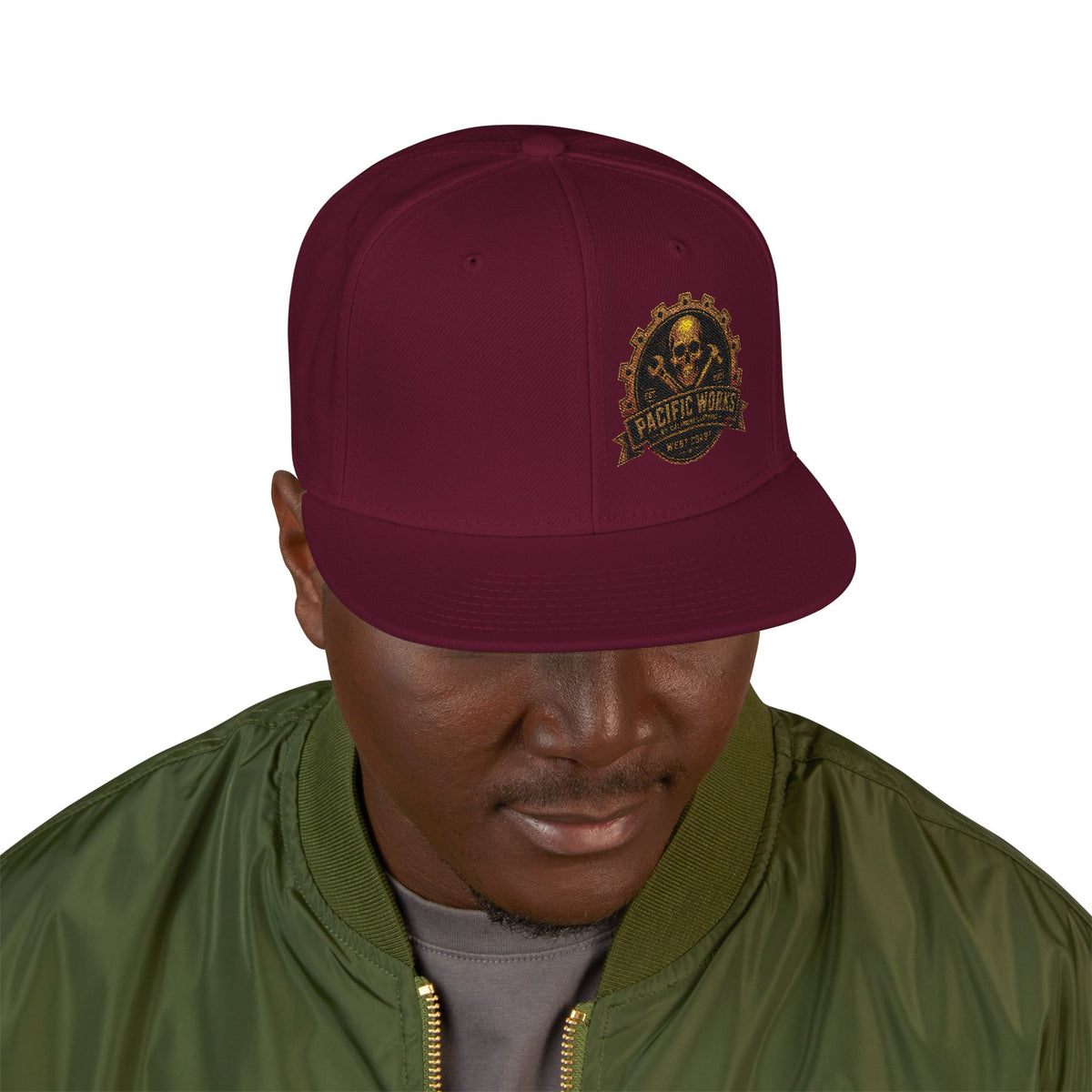 Pacific Works Collection - Signature Logo, Offset, Flat Bill Snapback Hat — CaliPride Clothing