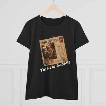 Tripin' W Gnomie Graphic Tee — Retro Gnome Travel Poster Women’s T‑Shirt