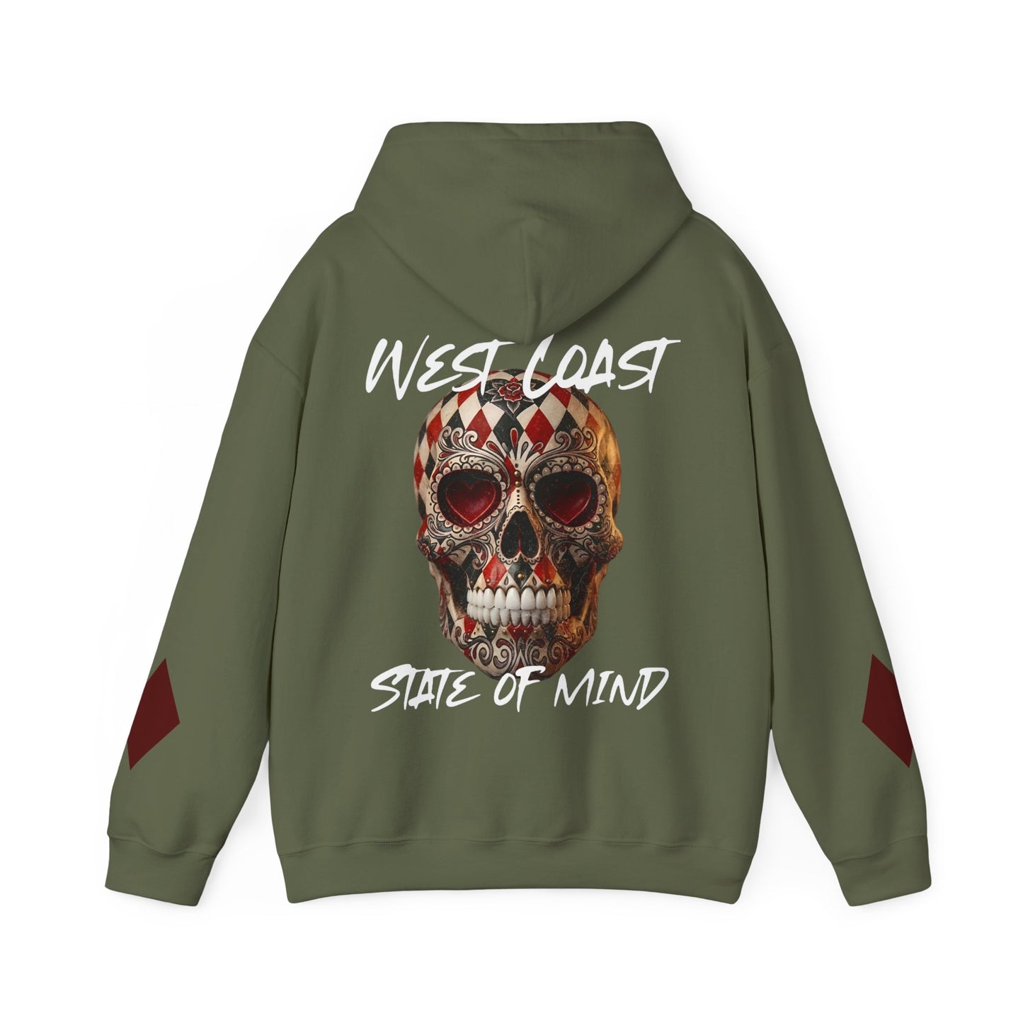 'West Coast State of Mind' Diamond & Hearts Skull, Graphic Hoodie - CaliPride Clothing