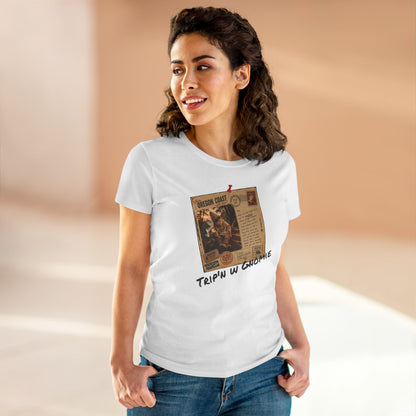 Tripin' W Gnomie Graphic Tee — Retro Gnome Travel Poster Women’s T‑Shirt