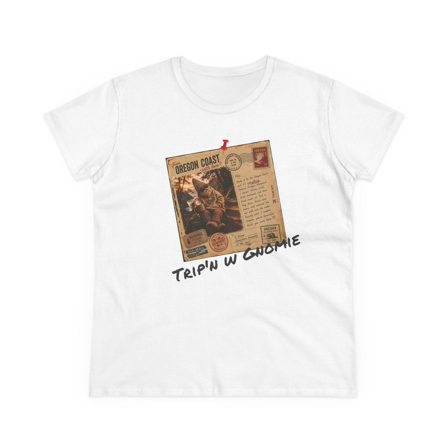 Tripin' W Gnomie Graphic Tee — Retro Gnome Travel Poster Women’s T‑Shirt