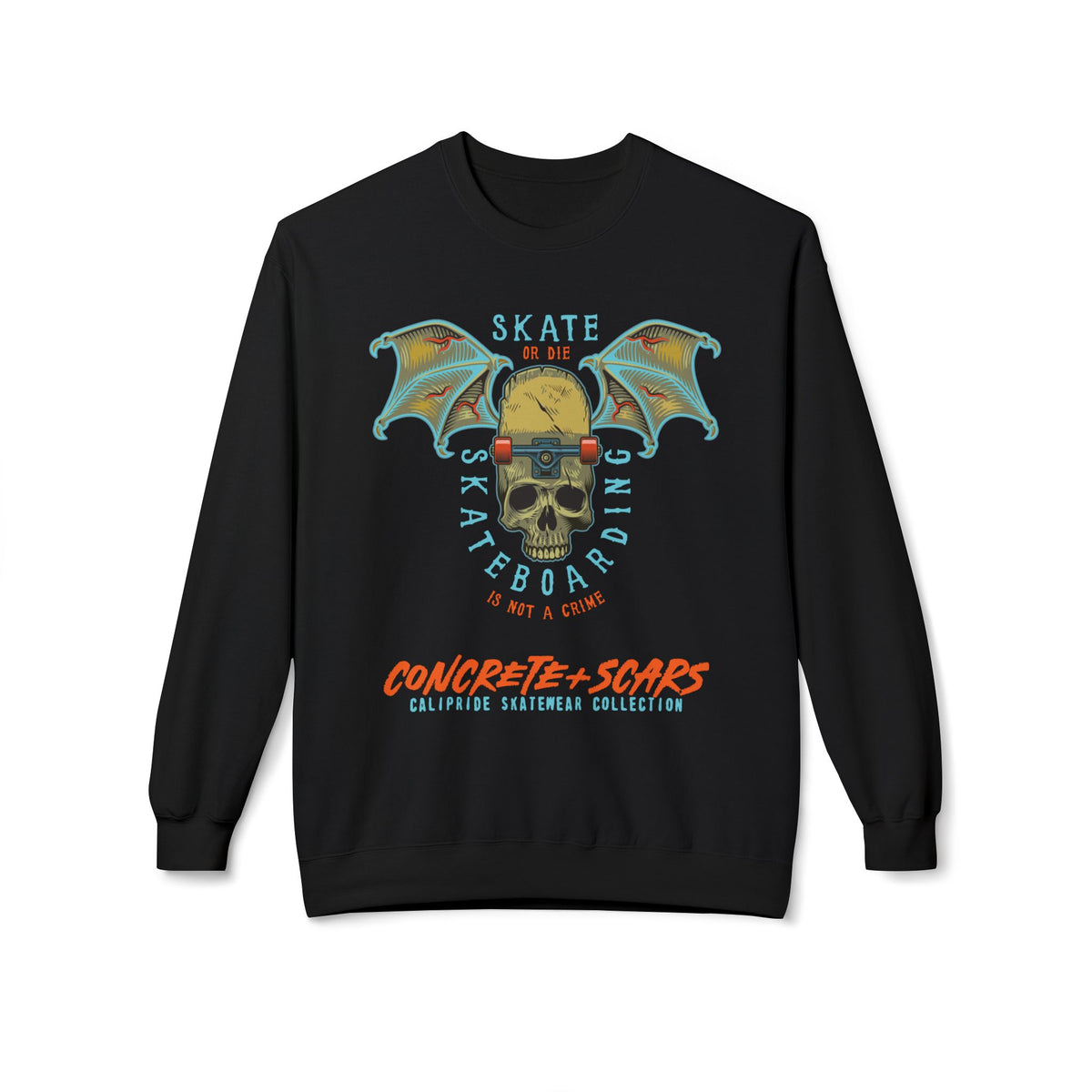 Concrete & Scars Collection - Skate or Die Winged Skull, Graphic Sweatshirt — CaliPride Clothing