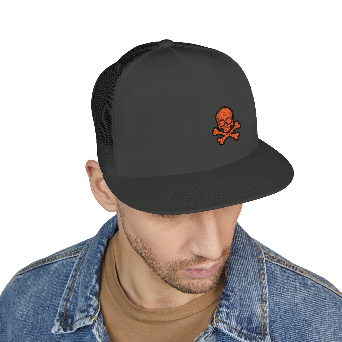 Urban Underground Collection - Red Skull & Crossbones, Flat bill Trucker snapback, five panel, embroidered - CaliPride Clothing