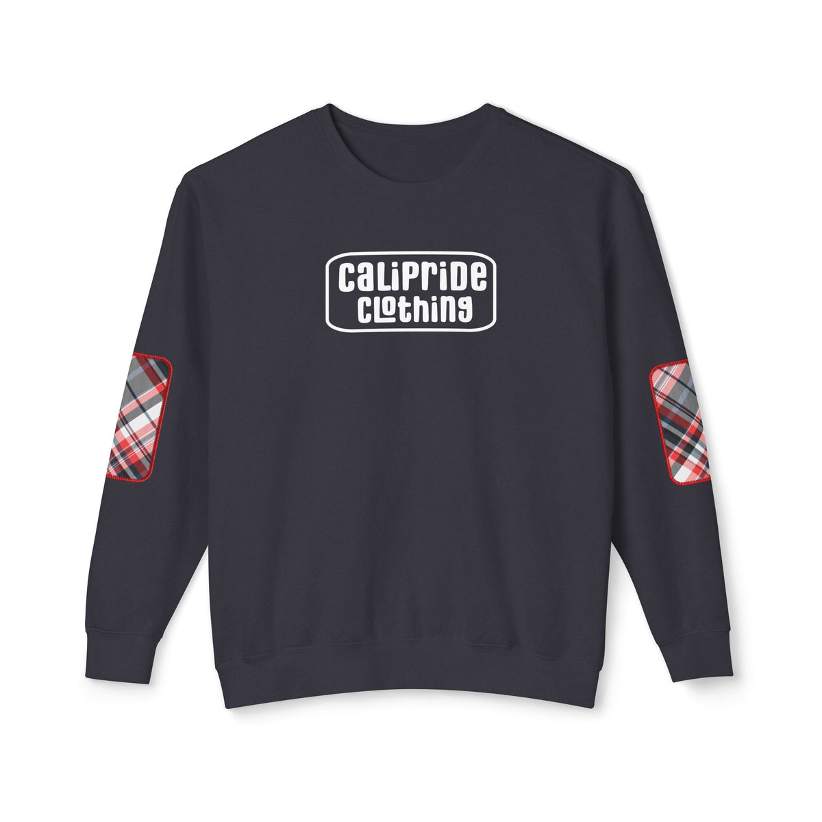 Pacific Plaid Crew, Black, lightweight sweatshirt with CaliPride Clothing logo and colorful plaid elbow patch graphics.