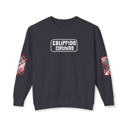Pacific Plaid Crew, Black, lightweight sweatshirt with CaliPride Clothing logo and colorful plaid elbow patch graphics.