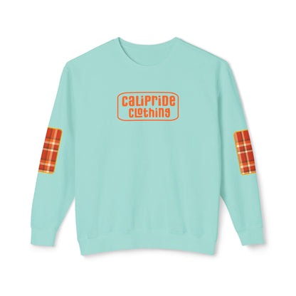 Pacific Plaid Crew, Chalky Mint, lightweight sweatshirt with CaliPride Clothing logo and colorful plaid elbow patch graphics.