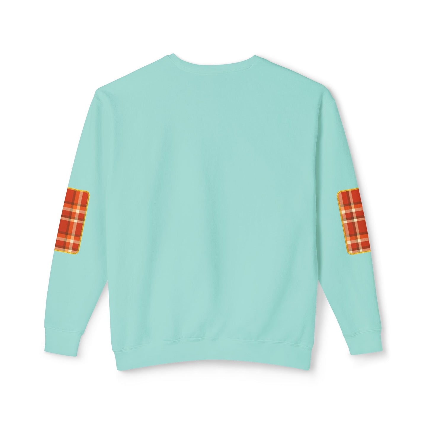 Pacific Plaid Crew, Chalky Mint, lightweight sweatshirt back view, with CaliPride Clothing logo on front and colorful plaid elbow patch graphics.