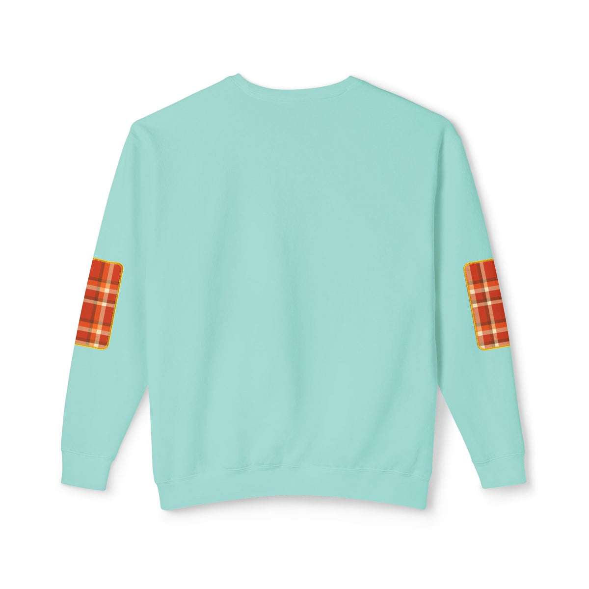 Pacific Plaid Crew, Chalky Mint, lightweight sweatshirt back view, with CaliPride Clothing logo on front and colorful plaid elbow patch graphics.