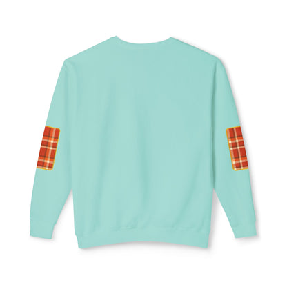 Pacific Plaid Crew, Chalky Mint, lightweight sweatshirt back view, with CaliPride Clothing logo on front and colorful plaid elbow patch graphics.