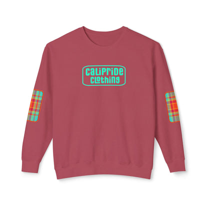 Pacific Plaid Crew, Crimson, lightweight sweatshirt with CaliPride Clothing logo and colorful plaid elbow patch graphics.