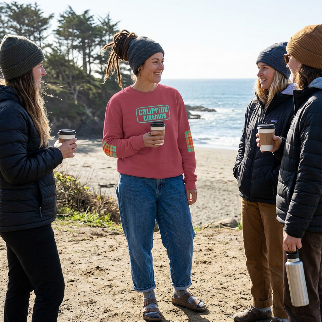 Pacific Plaid Crew, Four friends standing on a sandy beach, wearing warm jackets and beanies, with one person in the center wearing a Crimson crewneck sweatshirt with Calipride Clothing Logo. They are holding takeaway coffee cups