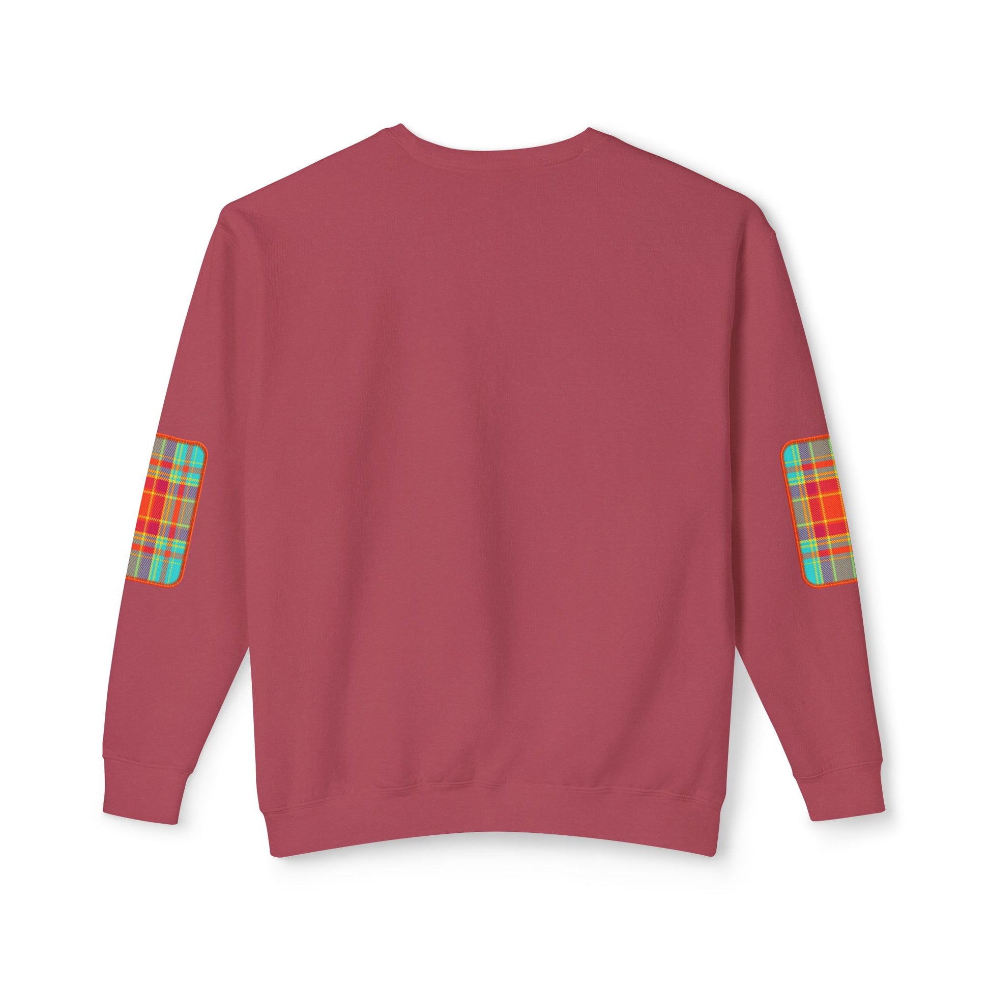 Pacific Plaid Crew, Crimson, lightweight sweatshirt back view, with CaliPride Clothing logo on front and colorful plaid elbow patch graphics.