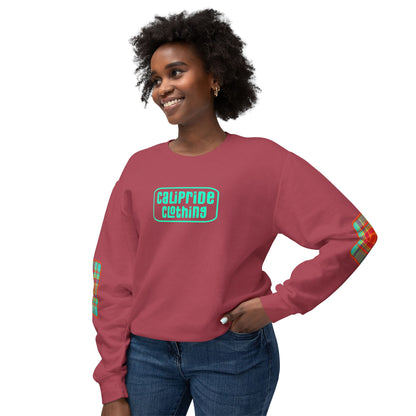 Pacific Plaid Crew, Crimson, lightweight sweatshirt front view of model standing, with CaliPride Clothing logo on front and colorful plaid elbow patch graphics.