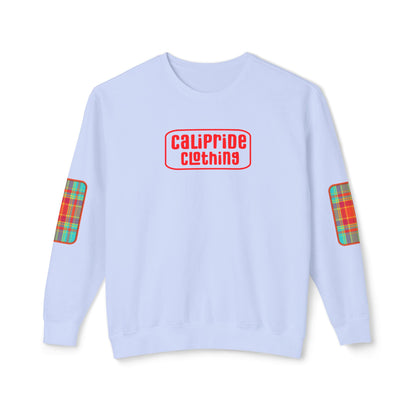 Pacific Plaid Crew, Hydrangea, lightweight sweatshirt with CaliPride Clothing logo and colorful plaid elbow patch graphics