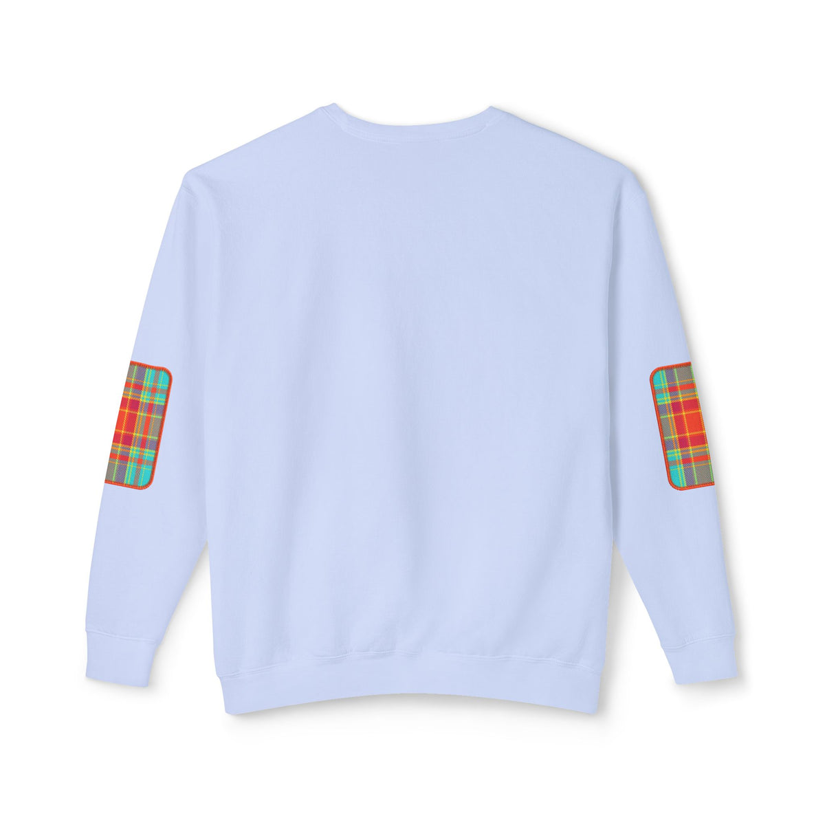 Pacific Plaid Crew, Hydrangea, lightweight sweatshirt back view, with CaliPride Clothing logo on front and colorful plaid elbow patch graphics.