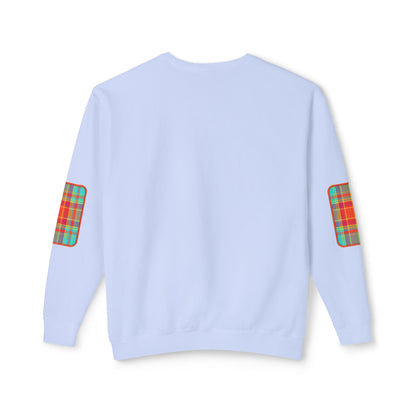 Pacific Plaid Crew, Hydrangea, lightweight sweatshirt back view, with CaliPride Clothing logo on front and colorful plaid elbow patch graphics.