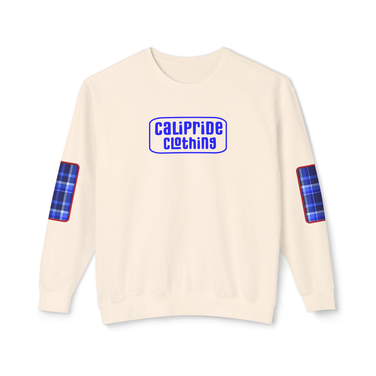 Pacific Plaid Crew, Ivory, lightweight sweatshirt with CaliPride Clothing logo and colorful plaid elbow patch graphics.