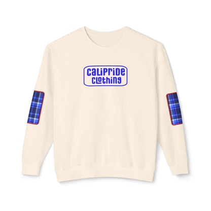Pacific Plaid Crew, Ivory, lightweight sweatshirt with CaliPride Clothing logo and colorful plaid elbow patch graphics.