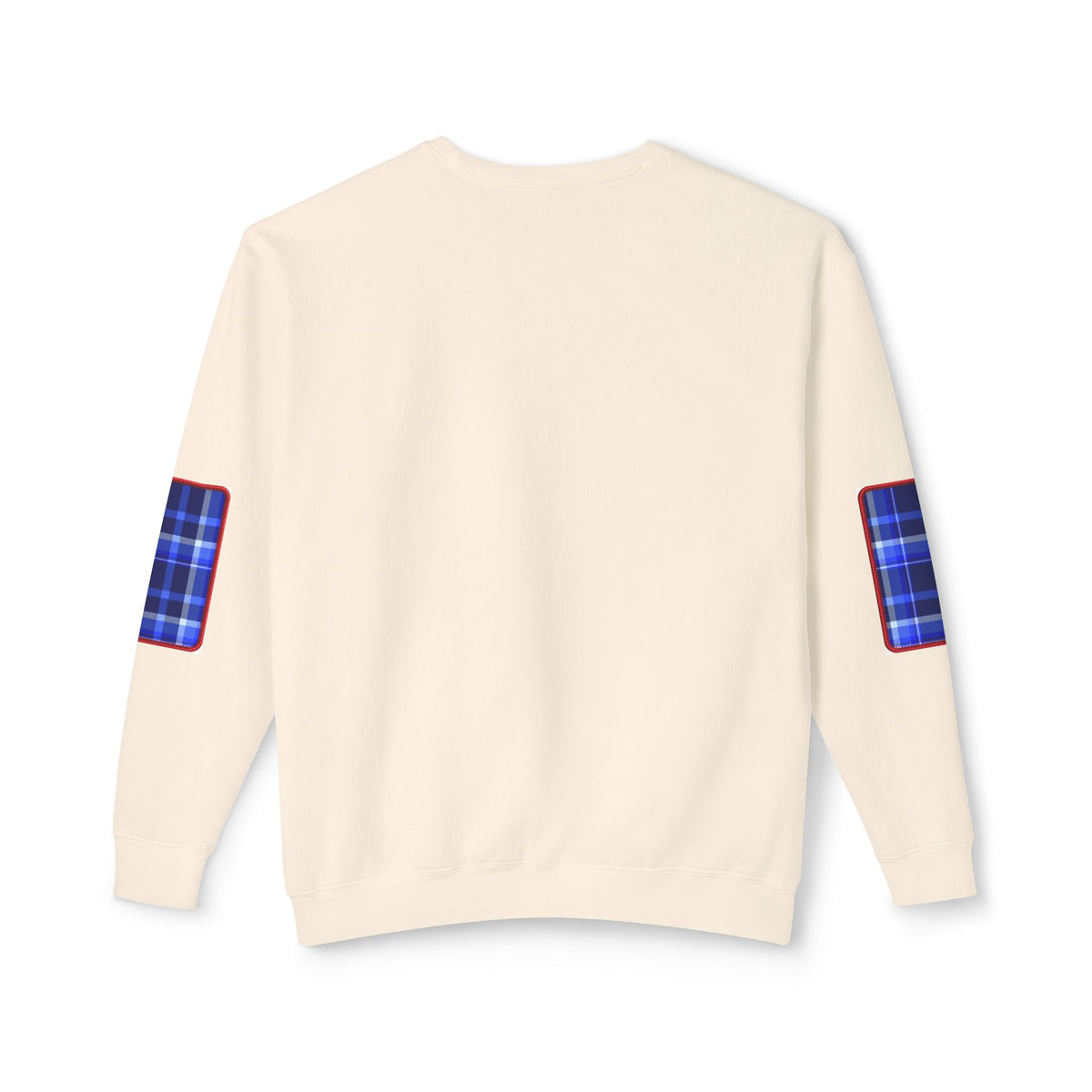 Pacific Plaid Crew, Ivory, lightweight sweatshirt back view, with CaliPride Clothing logo on front and colorful plaid elbow patch graphics.
