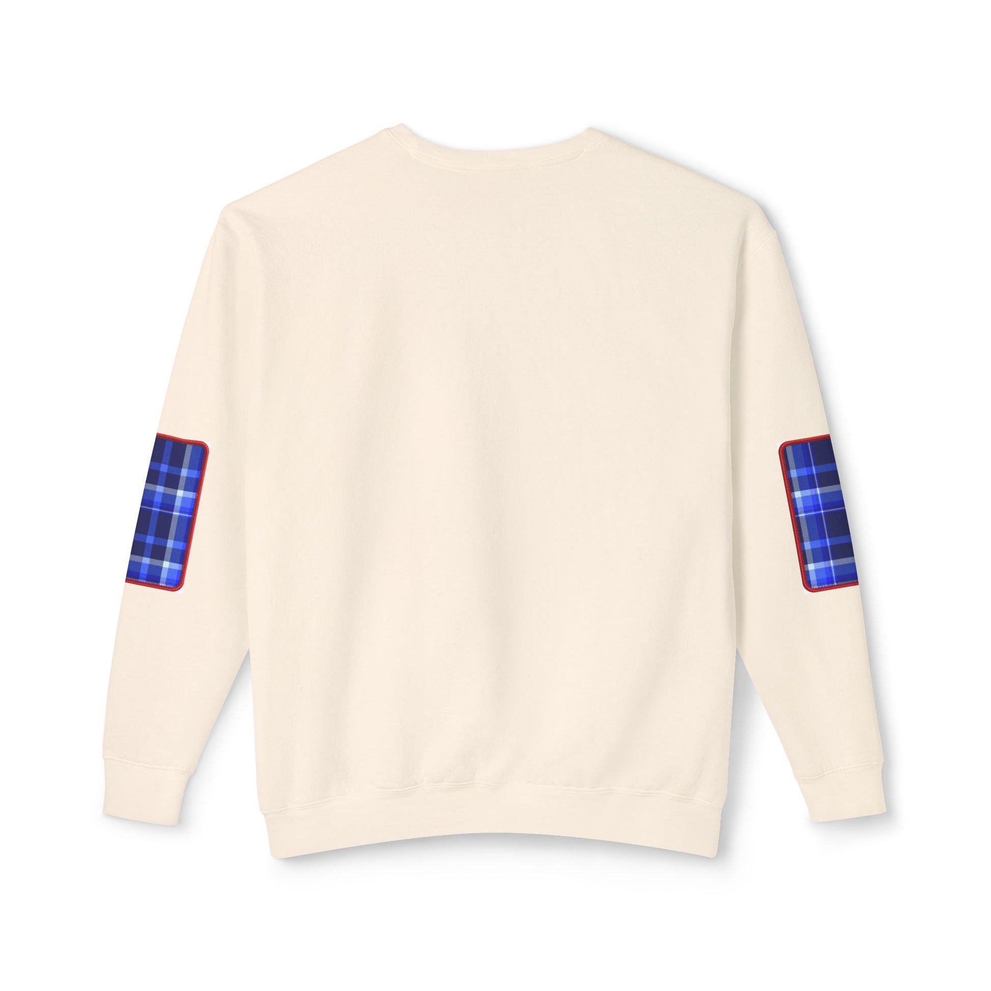 Pacific Plaid Crew, Ivory, lightweight sweatshirt back view, with CaliPride Clothing logo on front and colorful plaid elbow patch graphics.