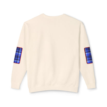 Pacific Plaid Crew, Ivory, lightweight sweatshirt back view, with CaliPride Clothing logo on front and colorful plaid elbow patch graphics.