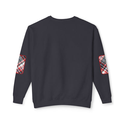 Pacific Plaid Crew, Black, lightweight sweatshirt back view, with CaliPride Clothing logo on front and colorful plaid elbow patch graphics.