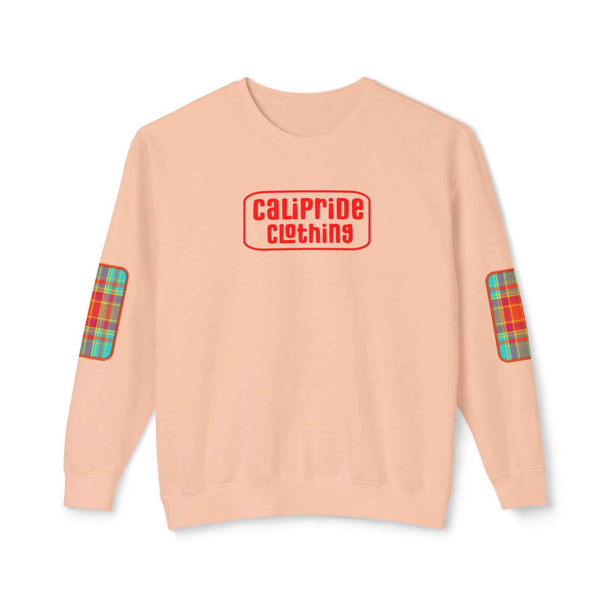 Pacific Plaid Crew, Peachy, lightweight sweatshirt with CaliPride Clothing logo and colorful plaid elbow patch graphics.