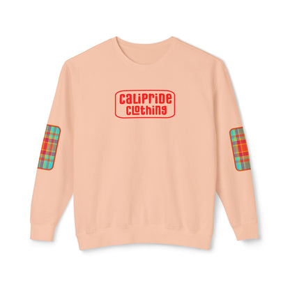 Pacific Plaid Crew, Peachy, lightweight sweatshirt with CaliPride Clothing logo and colorful plaid elbow patch graphics.