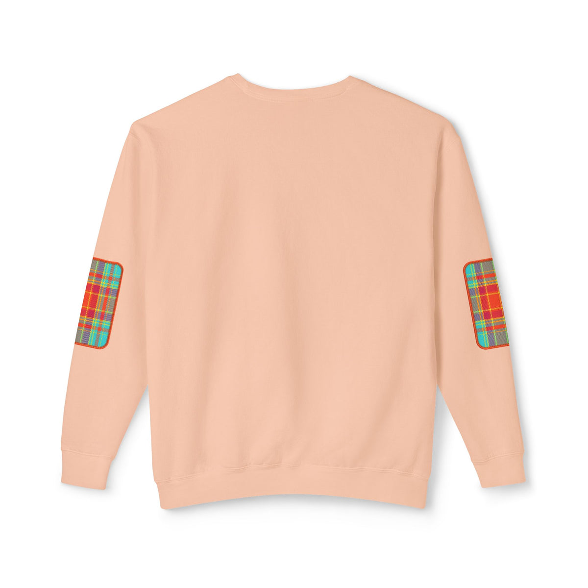 Pacific Plaid Crew, Peachy, lightweight sweatshirt back view, with CaliPride Clothing logo on front and colorful plaid elbow patch graphics.