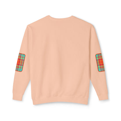 Pacific Plaid Crew, Peachy, lightweight sweatshirt back view, with CaliPride Clothing logo on front and colorful plaid elbow patch graphics.