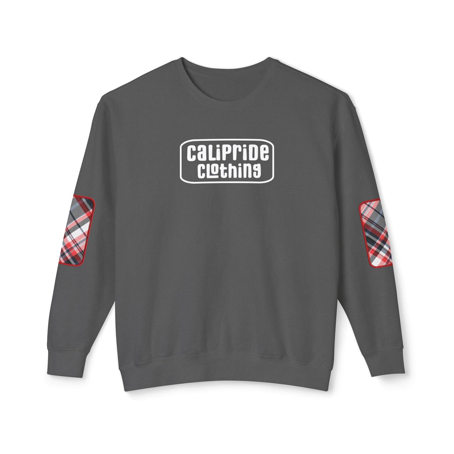 Pacific Plaid Crew, Pepper, lightweight sweatshirt with CaliPride Clothing logo and colorful plaid elbow patch graphics.