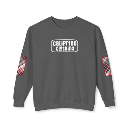 Pacific Plaid Crew, Pepper, lightweight sweatshirt with CaliPride Clothing logo and colorful plaid elbow patch graphics.
