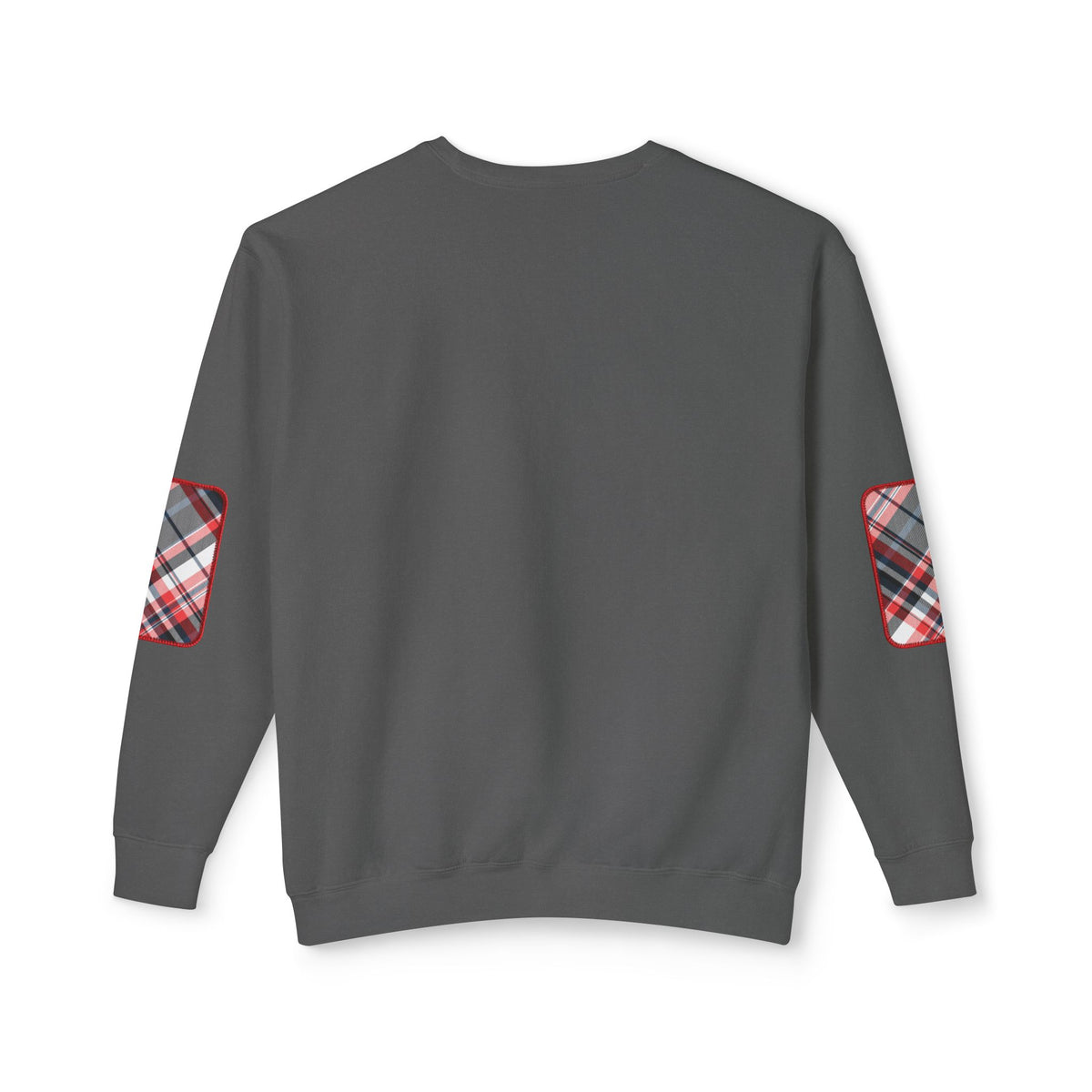 Pacific Plaid Crew, Pepper color, lightweight sweatshirt back view, with CaliPride Clothing logo on front and colorful plaid elbow patch graphics.