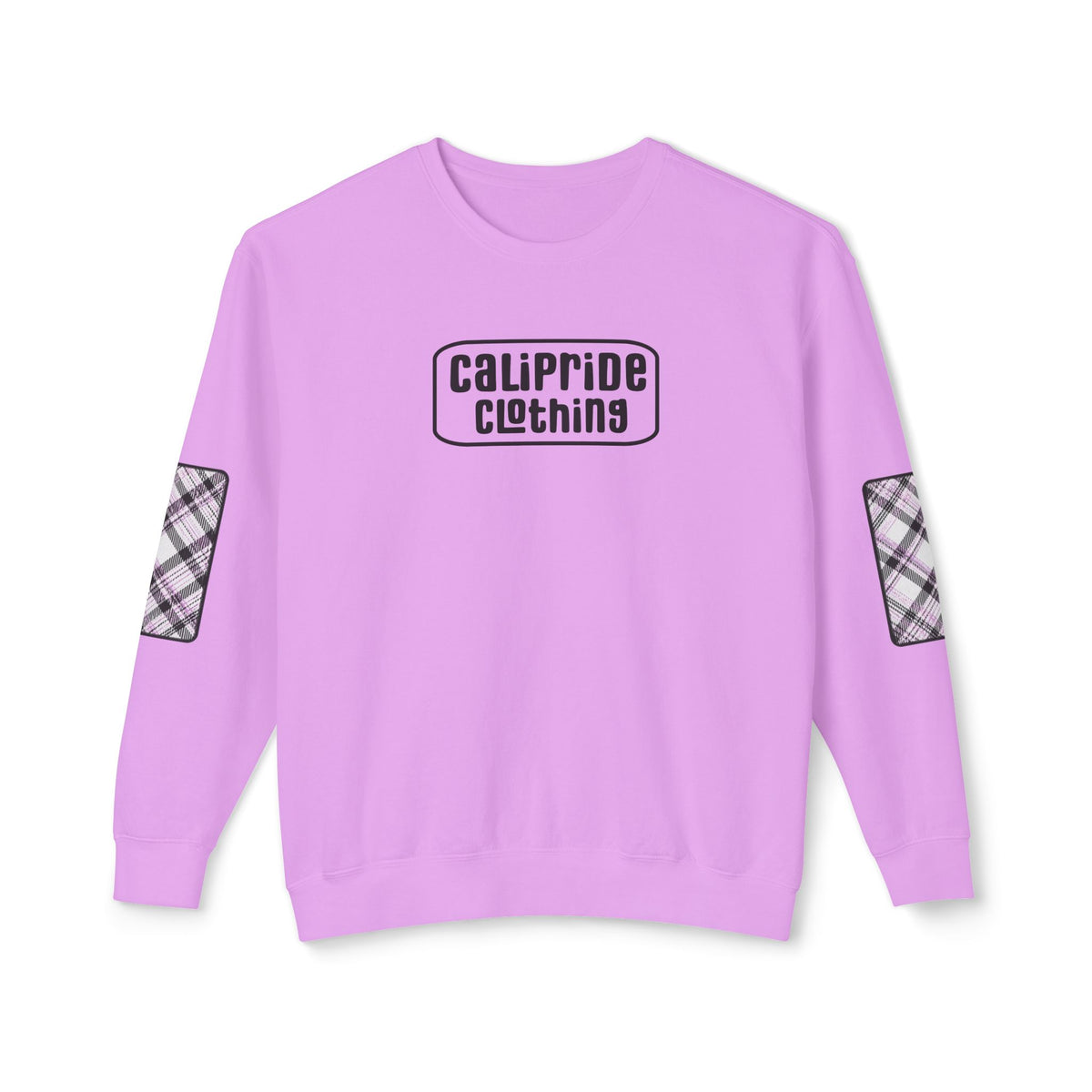 Pacific Plaid Crew, Violet, lightweight sweatshirt with CaliPride Clothing logo and colorful plaid elbow patch graphics.