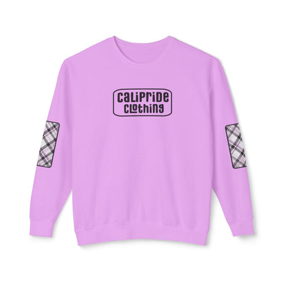 Pacific Plaid Crew, Violet, lightweight sweatshirt with CaliPride Clothing logo and colorful plaid elbow patch graphics.