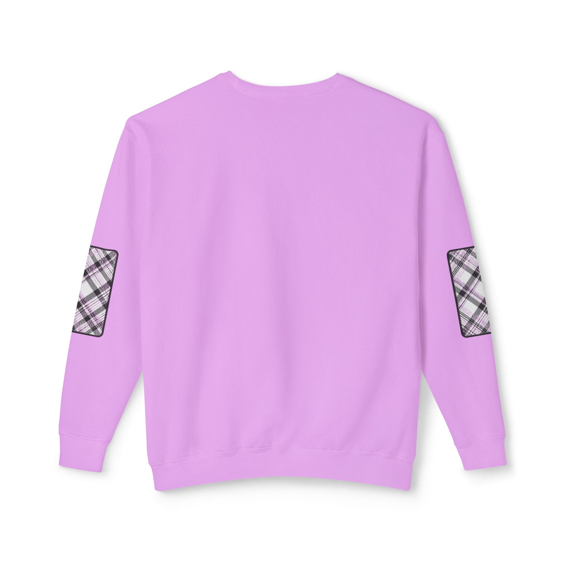 Pacific Plaid Crew, Violet, lightweight sweatshirt back view, with CaliPride Clothing logo on front and colorful plaid elbow patch graphics.