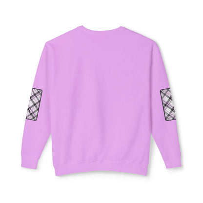 Pacific Plaid Crew, Violet, lightweight sweatshirt back view, with CaliPride Clothing logo on front and colorful plaid elbow patch graphics.