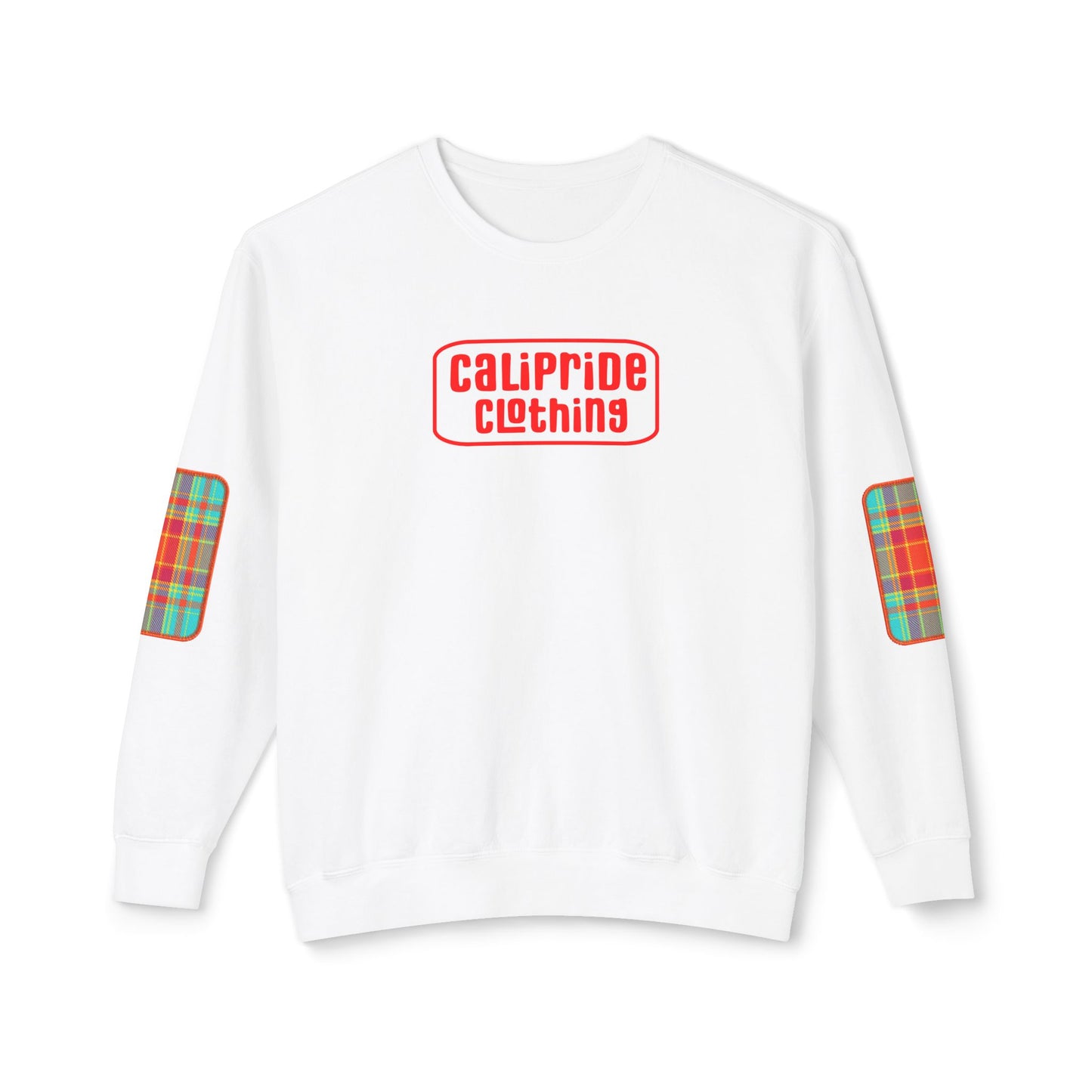 Pacific Plaid Crew, White, lightweight sweatshirt with CaliPride Clothing logo and colorful plaid elbow patch graphics.